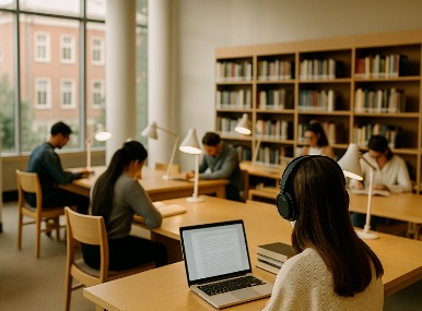 Students working in a quiet library