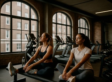 Two women stretching in a gym with arched windows