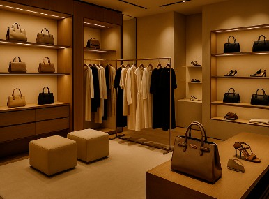 Boutique with handbags and clothing on warm-lit shelves