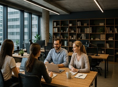 Team meeting around a table in a bright office
